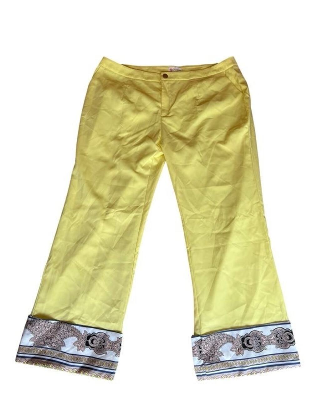 L'ATISTE Vintage Women's Wide Leg Pants Embroidered Hem Cuffed Yellow Size 2X